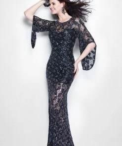 Primavera Couture - 9931 Sheer Sequined Bellsleeve Evening Gown Formal Gowns