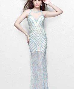 Primavera Couture - Bead Embellished Illusion Halter Neck Sheath Dress 1821