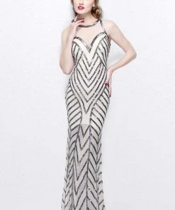 Primavera Couture - Bead Embellished Illusion Halter Neck Sheath Dress 1821
