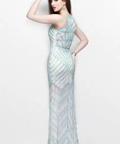 Primavera Couture - Bead Embellished Illusion Halter Neck Sheath Dress 1821