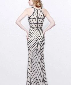 Primavera Couture - Bead Embellished Illusion Halter Neck Sheath Dress 1821