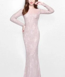 Primavera Couture - Bead Embellished Long Sleeve Bateau Neck Sheath Dress 1707 Formal Gowns