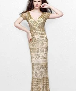 Primavera Couture - Bead Embellished Short Sleeve V-Neck Sheath Dress 1722 Formal Gowns