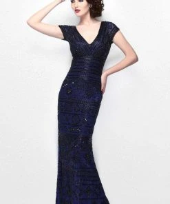 Primavera Couture - Bead Embellished Short Sleeve V-Neck Sheath Dress 1722 Formal Gowns