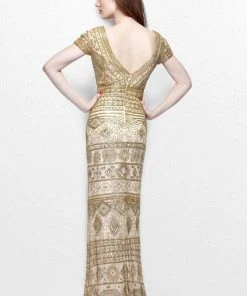 Primavera Couture - Bead Embellished Short Sleeve V-Neck Sheath Dress 1722 Formal Gowns
