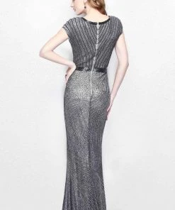 Formal Gowns Primavera Couture - Beaded Cap Sleeve V-Neck Sheath Dress 1708