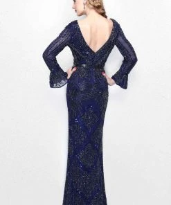 Primavera Couture - Beaded Long Sleeve V-neck Sheath Gown 1724