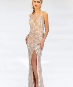 Formal Gowns Primavera Couture - Beaded Ornate Plunging V Neck Evening Gown 3214 - 1 Pc Blush Silver In Size 2 Available