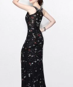 Formal Gowns Primavera Couture - Beaded V-Neck Long Dress With Slit 1865