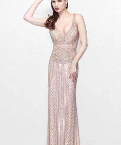 Primavera Couture - Beaded V-Neck Long Sheath Dress 1726