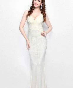 Primavera Couture - Beaded V-Neck Long Sheath Dress 1726