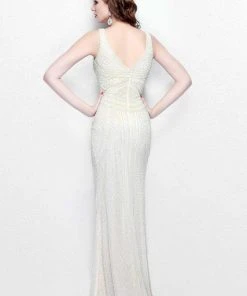 Primavera Couture - Beaded V-Neck Long Sheath Dress 1726