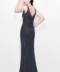 Primavera Couture - Beaded V-Neck Long Sheath Dress 1726