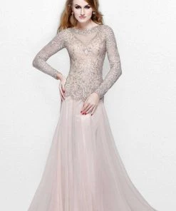 Primavera Couture - Bejeweled Long Sleeve Bateau Neck A-line Dress 1751 Formal Gowns