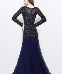 Primavera Couture - Bejeweled Long Sleeve Bateau Neck A-line Dress 1751 Formal Gowns