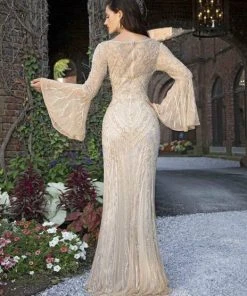 Primavera Couture - Embellished Long Bell Sleeve Bateau Dress 3284 - 1 Pc Beige In Size 2 Available
