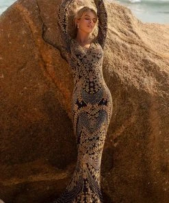 Formal Gowns Primavera Couture - Embellished Long Sleeve V Neck Sheath Dress 3690 - 1 Pc Midnight Gold In Size 4 Available 7 Formal Gowns Primavera Couture - Embellished Long Sleeve V Neck Sheath Dress 3690 - 1 Pc Midnight Gold In Size 4 Available