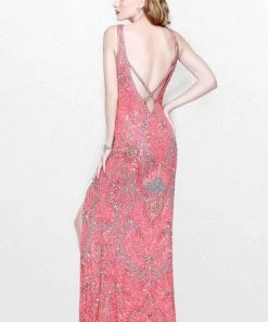 Primavera Couture - Floral Embellished Bateau Illusion Sheath Gown 1808