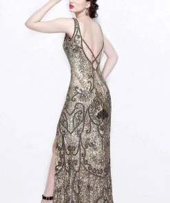 Primavera Couture - Floral Embellished Bateau Illusion Sheath Gown 1808