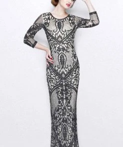 Primavera Couture - Florid Lattice Quarter Sleeve Bateau Sheath Gown 1759