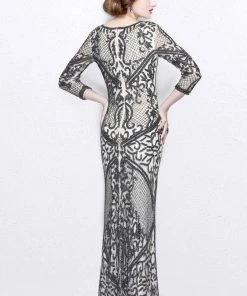 Primavera Couture - Florid Lattice Quarter Sleeve Bateau Sheath Gown 1759