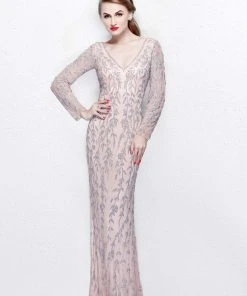 Primavera Couture - Foliage Beadwork V-Neck Sheath Gown 1728 8 Primavera Couture - Foliage Beadwork V-Neck Sheath Gown 1728