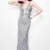 Formal Gowns Primavera Couture - Geometric Adorned Plunging V-Neck Sheath Gown 1579