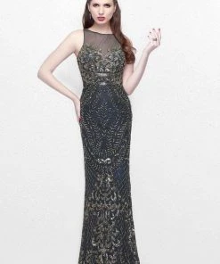 Primavera Couture - Gilded Sequins Bateau Illusion Sheath Gown 1742 Formal Gowns