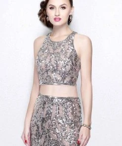 Primavera Couture - Glittering Two Piece Halter Long Gown With Slit 1866 11 Primavera Couture - Glittering Two Piece Halter Long Gown With Slit 1866