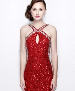 Formal Gowns Primavera Couture - Halter Neckline Sequined Evening Gown 1718
