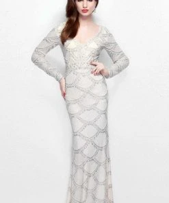 Primavera Couture - Long Sleeve Embellished Long Gown With Beaded Scallop Pattern 1738