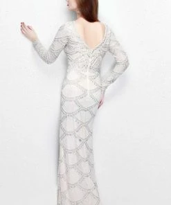 Primavera Couture - Long Sleeve Embellished Long Gown With Beaded Scallop Pattern 1738