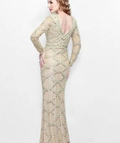 Primavera Couture - Long Sleeve Embellished Long Gown With Beaded Scallop Pattern 1738