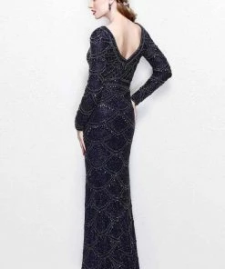 Primavera Couture - Long Sleeve Embellished Long Gown With Beaded Scallop Pattern 1738