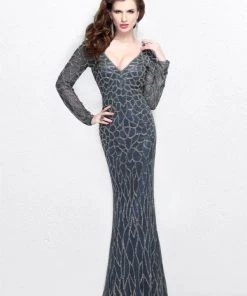 Formal Gowns Primavera Couture - Long Sleeves V-Neck Sequined Gown 1746