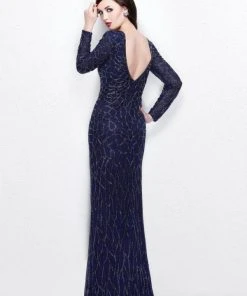Formal Gowns Primavera Couture - Long Sleeves V-Neck Sequined Gown 1746