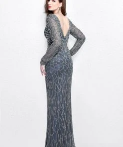 Formal Gowns Primavera Couture - Long Sleeves V-Neck Sequined Gown 1746