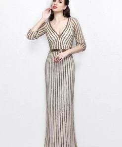 Formal Gowns Primavera Couture - Quarter Sleeves V-Neck Stripes Long Dress 1758