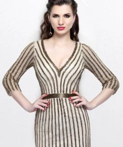 Formal Gowns Primavera Couture - Quarter Sleeves V-Neck Stripes Long Dress 1758