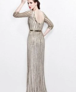 Formal Gowns Primavera Couture - Quarter Sleeves V-Neck Stripes Long Dress 1758