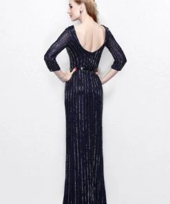 Formal Gowns Primavera Couture - Quarter Sleeves V-Neck Stripes Long Dress 1758
