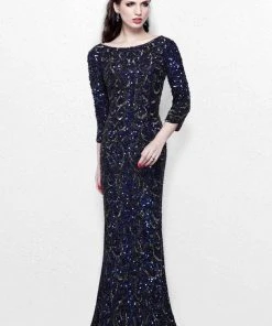 Primavera Couture - Regal Sequined Long Sleeves Bateau Sheath Gown 1747