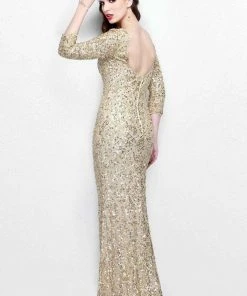 Primavera Couture - Regal Sequined Long Sleeves Bateau Sheath Gown 1747