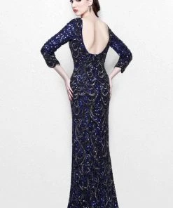 Primavera Couture - Regal Sequined Long Sleeves Bateau Sheath Gown 1747