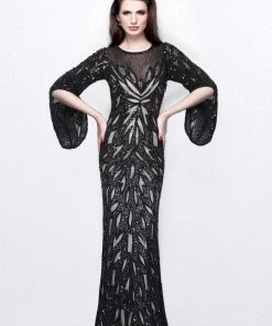 Primavera Couture - Sequined Bell Sleeves Contrast Illusion Sheath Gown 1717