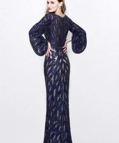 Primavera Couture - Sequined Bell Sleeves Contrast Illusion Sheath Gown 1717