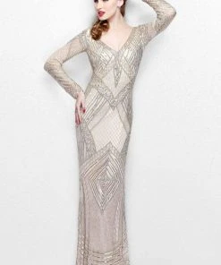 Formal Gowns Primavera Couture - Sequined Long Sleeve V-Neck Long Sheath Gown 1740