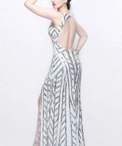 Primavera Couture - Sequined Sleeveless Long Gown With Slit 1843 Formal Gowns