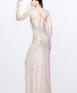 Formal Gowns Primavera Couture - Sequined V-Neck Sheath Gown With Crisscrossed Straps 1818 13 Formal Gowns Primavera Couture - Sequined V-Neck Sheath Gown With Crisscrossed Straps 1818
