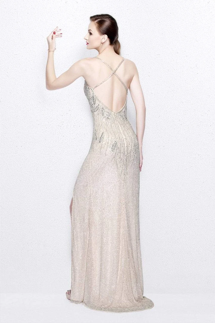 Formal Gowns Primavera Couture - Sequined V-Neck Sheath Gown With Crisscrossed Straps 1818 8 Formal Gowns Primavera Couture - Sequined V-Neck Sheath Gown With Crisscrossed Straps 1818